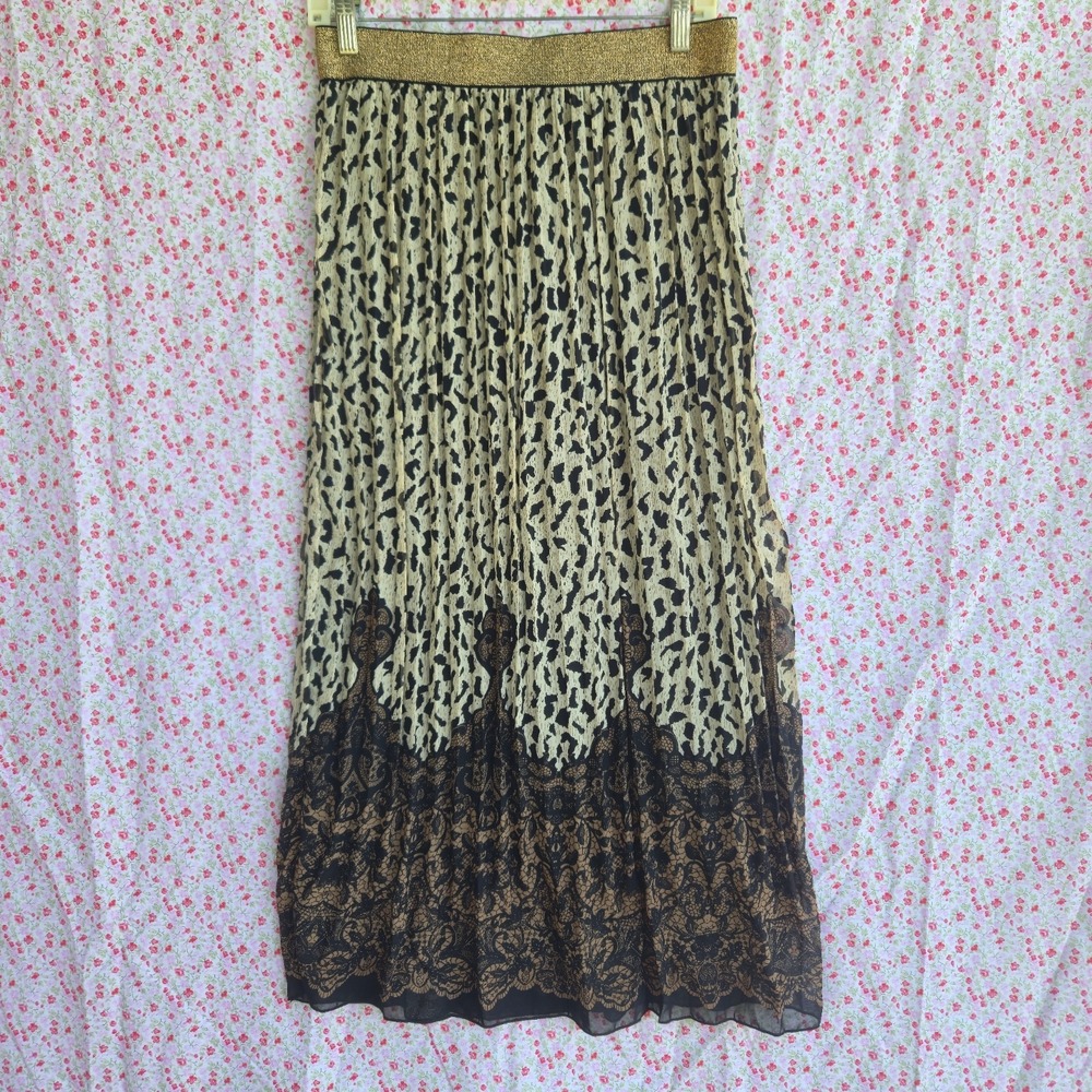 Athena Marie Linen Blend Animal Print Leopard Maxi Skirt Black Lace Trim M Boho